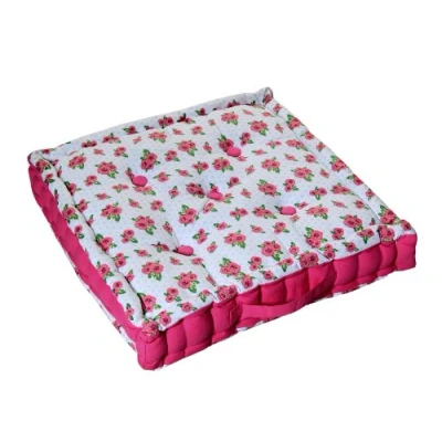 Image of HOMESCAPES Roses &amp; Dots 100% Cotton Large Floor Cushion Pink Green White Floral 50 x 10 cm Square Indoor Garden Dining Chair Booster Seat Pad Cushion.