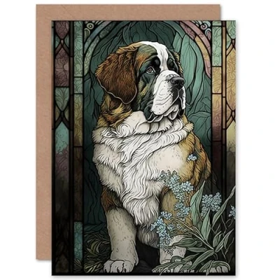 Image of Artery8 St Bernard Dog with Silvery Lupine Flowers Modern Art Nouveau Illustration Birthday Sealed Greeting Card Plus Envelope Blank inside