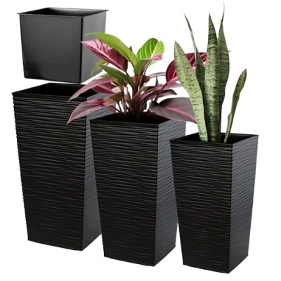 Image of KADAX Tall Planter Set, Lightweight Plastic Flowerpot for Garden, Balcony, Large Weatherproof Plant Pot Outdoor and Indoor Use (Black, Set of 3)