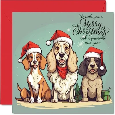 Image of Dog Christmas Cards for Women Men Cute Dogs Merry Xmas Card Sister Brother Cousin Uncle Auntie Mum Dad Nan Grandad, 145mm x Single Greeting Gift