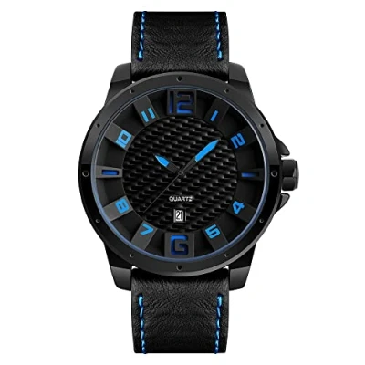 Image of FeiWen Mens Large Dial Analog Quartz Watches Casual Style Balck Stainless Steel Case and Leather Band Business Dress Fashion Wrist Watch, Blue