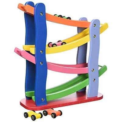 Image of Fun World Toys Wooden Click Clack Racetrack with 4 racing cars (Click Clark Trace Race)