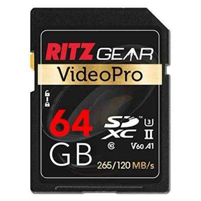 Image of RitzGear Extreme Performance Video Pro 64GB 4K Ultra HD SDXC U3 V60 A1 Memory Card (Read 265mb/s 120mb/s Write)