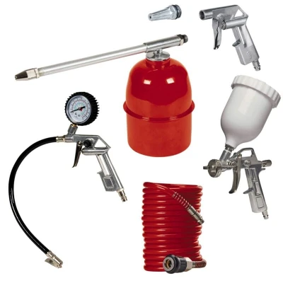 Image of Einhell Metal Air Tool Accessory Set 5 Pc Compressor Tools With Quick Coupling Airbrush Kit, Spray Gun, Blow Out 4M Compressed Hose, Tyre Pressure Gauge And Inflator