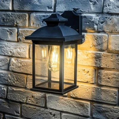 Image of CGC Lighting Outdoor Outside Exterior Wall Light Lantern Modern Vintage E27 Bulb Black Rectangular Mains Power (Black with Warm White Bulb)