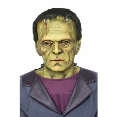 Image of Smiffys Universal Monsters Frankenstein Latex Mask, Adults Green Mask with Bolt &amp; Blood Details, Full Overhead Perfect for Halloween and Themed Parties
