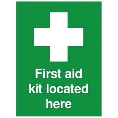 Image of Rubigo First Aid Kit Sticker Located Here Safety Sign Signs of Self Adhesive Sticker, ISO Certified Signs, 20x15cm (Pack 1)