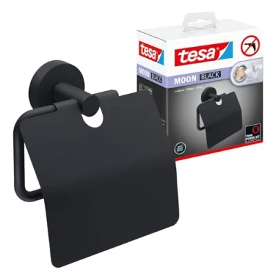 Image of tesa MOON black Toilet Paper Holder with Lid for Bathrooms and Guest Toilets matt Including Self Adhesive Solution without Drilling 53 mm x 140 128