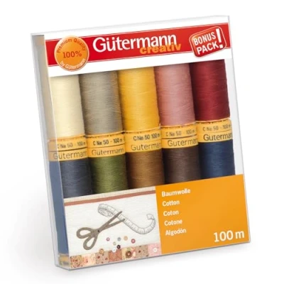 Image of Gutermann 734521 3 Thread Set Natural Cotton 50 100m/10 reels, Multi Colour