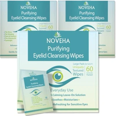 Image of NOVEHA Eyelid &amp; lash Wipes lid and Cleansing Wipes, Soothing For Sensitive Eyes, (60 Count each (Pack of 3))