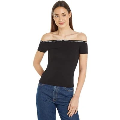 Image of Calvin Klein Jeans LOGO Elastic Bardot TOP Print Tshirt, Women&#039;s, Size: XXS, Black