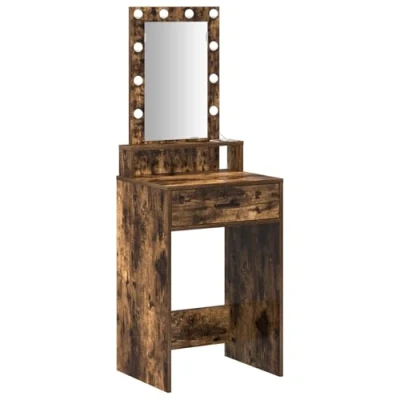 Image of vidaXL Smoked Oak Engineered Wood 50x41 140 cm Mirror Vanity/Makeup Dressing Table with LED Lights for Bedroom