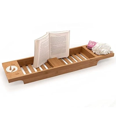 Image of Calm Club Bath Board Luxury Tray &amp; Wooden Rack Bathroom Storage Relaxation Gifts For Women Caddy With Incense Cones Ceramic Dish Accessory Her Bamboo