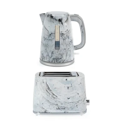 Image of Salter Marble Kettle and 2 Slice Toaster Set 1.7 L Fast Boil with Removable Limescale Filter, Wide Toasting Slots, 7 Browning Levels, Crumb Tray, 3kW/900W, White, COMBO 9353
