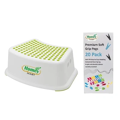 Image of Whatmore 1 x Children’s Step Stool Non Slip Kids Bathroom Booster Plastic &amp; 20 Premium Soft Grip Pegs