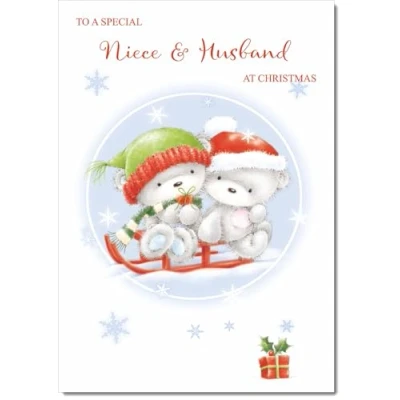 Image of doodlecards Niece and Husband Christmas Card Cute Bears on Sled Large A4 Size for &amp; with Plain Envelope