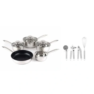 Image of Russell Hobbs COMBO 7550A Classic Collection 5 Piece Pan Set, 14/16/18/20/24 cm and 4 Stainless Steel Kitchen Tool Silver