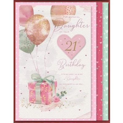 Image of Daughter 21st Birthday Boxed Large Card Age 21 Special Balloons and Hearts Finishes Illustrated Insert Leaf Made in the UK