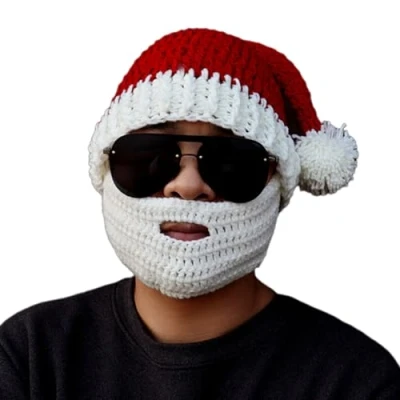 Image of xbiez Adult Kids Crochet Santa Hat With Beard Traditional Red Plush Christmas For New Year Presents