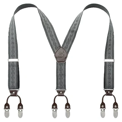 Image of Heavy Duty Men Braces KANGDAI 6 Buckles Y Back Striped Durable Elastic Adjustable Suspenders Strong Metal Clips, Normal, Red Rhombus
