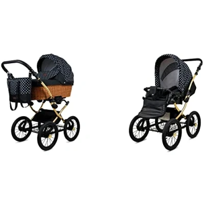 Image of BabyLux ALU 2in1 Stroller for Toddlers Pushchairs &amp; Prams Baby Pushchair Newborn and Toddler Pram 59x105x125cm Max 15kg White Dots Gold Frame