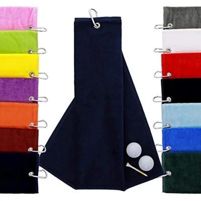 Image of aztex Tri Fold Golf Towel with Carabiner Clip, Cotton Velour, 590gsm, Navy Blue