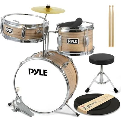 Image of Pyle Drum Set for Kids Age 5 7, 3 Piece Beginner Junior Drummer Kit w/Adjustable Padded Seat &amp; Lightweight Drumsticks (PDRMKIT72N)