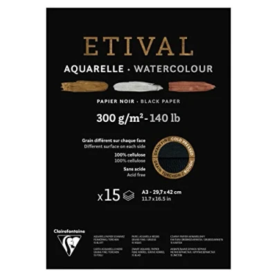 Image of Clairefontaine Ref 975319C Etival Cold Pressed Black Watercolour Painting &amp; Drawing Pad (15 Sheets of Paper) A3 (42 x 29.7cm) 300gsm Cellulose Art Paper