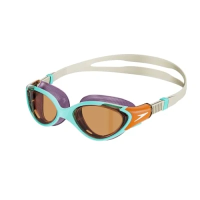 Image of Speedo Women&#039;s Biofuse 2.0 Swimming Goggles Female Design Patented Adjust Mechanism Anti Fog Leak Comfort Fit , Marine Blue/Pumpkin Spice/Pale Tan, One Size