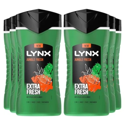 Image of Lynx 3 in 1 Shower Gel Jungle Fresh 12 Hours of Long Lasting Refreshing Fragrance Body Wash with Plant Based Moisturisers for Men Naturally Soft Skin, 225ml Pack 6