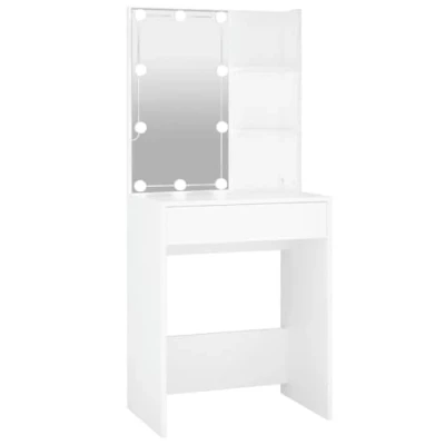 Image of vidaXL Dressing Table With LED Lighting White, Engineered Wood Construction, Asymmetrical Design Drawer and Shelves 60x40x140 cm; Ideal for Bedroom