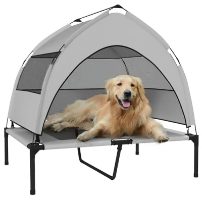 Image of PawHut Elevated Dog Bed with Removable Canopy, Portable Cooling Raised Pet Cot Breathable Mesh, Storage Bag, for Indoor Outdoor Use, Medium Large Dogs, 92 x 75 89 cm, Light Grey