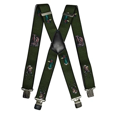 Image of Olata Men&#039;s Adjustable Heavy Duty X Shape Hunting Braces/Suspenders with Embossed Clips 4cm. Pheasant and Stag