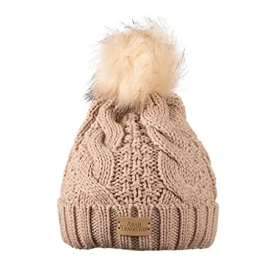 Image of Aran Traditions Knit Faux Fur Pom Bobble Hat, Blush Pink Beanie Beanie, Hat