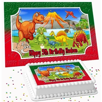 Image of Dinosaur Rectangle Personalised Birthday Edible Icing COSTCO CAKE TOPPER R1 091