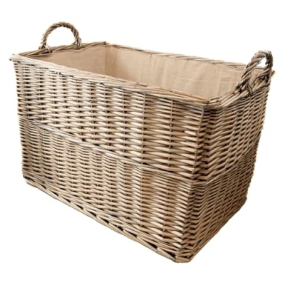 Image of Arthur Cameron Deluxe Rectangular Wicker Log Basket with Lining and Handles (Antique Wash, Medium)