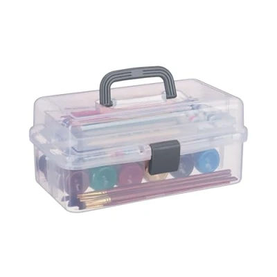 Image of Relaxdays Storage Box with 9 Compartments, Sorting for Craft &amp; Art Supplies, Sewing Kit, 14.5 x 33 19 cm, Clear/Grey