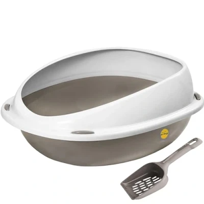 Image of Cat CENTRE Grey Jumbo Open Litter Tray With Rim +Litter Scoop Bundle Kitten Pet Toilet Plastic Loo Pan Box Set Anti Spillage Lowered Entry Step Rounded Corners Detachable Easy Cleaning