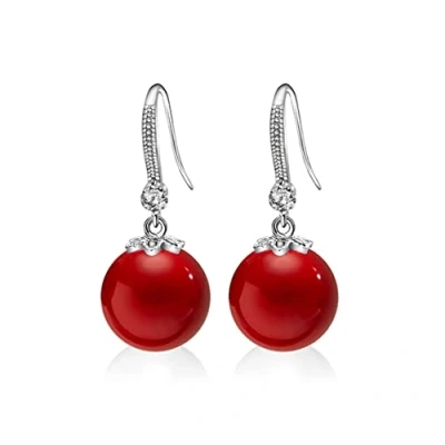 Image of YAXUN 925 Sterling Silver Pearl Earrings For Women with AAAAA Cubic Zirconia Crystal Diamond 12mm Round Red Dangle Drop Hook Fashion Jewellery Gifts