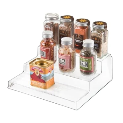 Image of iDesign Spice Rack with 3 Compartments, Small Display Cabinet Organiser Made of Durable Plastic, Compact Kitchen Storage for Jars, Cans and Spices, Clear, 8.9D x 22.2W 25.4H centimetres