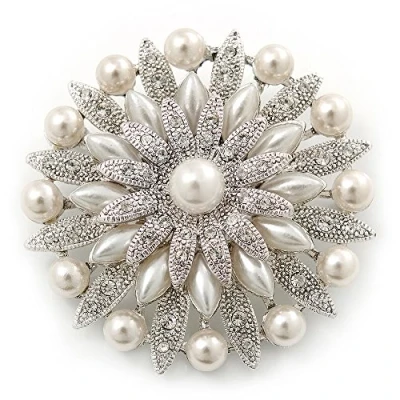 Image of Avalaya Bridal Vintage Inspired White Simulated Pearl, Austrian Crystal Layered Floral Brooch in Rhoduim Plating 50mm Diameter