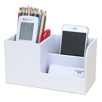 Image of KINGFOM Desk Tidy Organiser Caddy Multifunction Leather Pen Pencil Pots Holder Office Stationery Supplies Organizer White