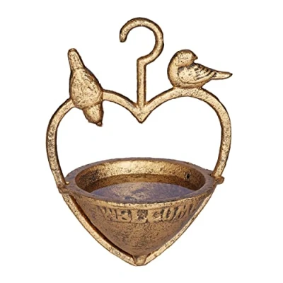 Image of Relaxdays Hanging Bird Bath, Feeding Station for Wildlife, Welcome, Garden Decor, 21 x 15.5 12.5 cm, Cast Iron, Gold