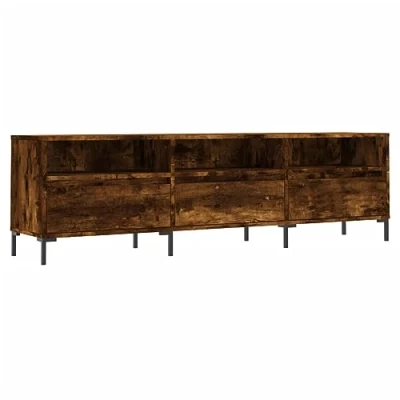 Image of vidaXL TV Cabinet in Smoked Oak Engineered Wood Stand with Storage Compartments and Iron Legs, Ideal for Living Room or Bedroom