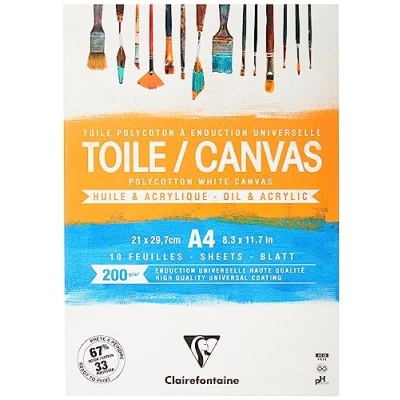 Image of Clairefontaine Ref 975207C Ready to Paint Canvas Pad (10 Sheets) A4 Sized, 200gsm Paper, Acid Free, pH Neutral White Suitable for Oil &amp; Acrylic