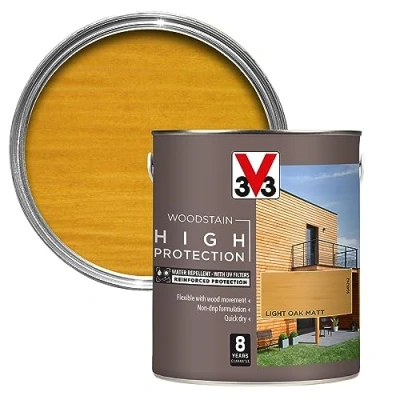 Image of V33 High Protection Woodstain Light Oak Matt 2.5L 8 Years Guarantee with UV Filters Water Repellent Non drip Formulation Felxible Quick Dry Only 2 Coats Needed