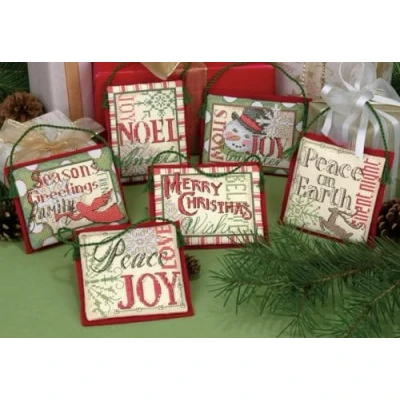 Image of Dimensions Counted Cross Stitch Kit Christmas Sayings Ornaments 08827 Arts and Crafts for Adults 14 count Aida Set of 6