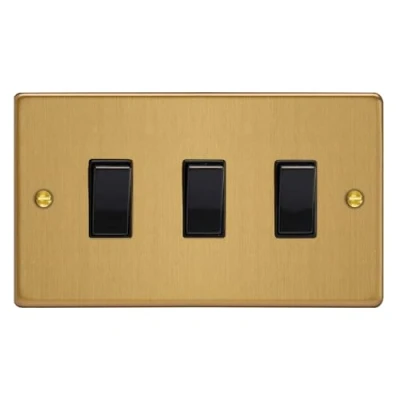 Image of Varilight 3 Gang 10A 1 or 2 Way Rocker Switch (Twin Plate) Brushed Brass