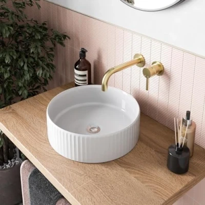 Image of BAYSTONE® Fluted Countertop Basin for Bathroom and Cloakroom Hand Wash Basins Sink Modern White Gloss Round, 360 x 360mm