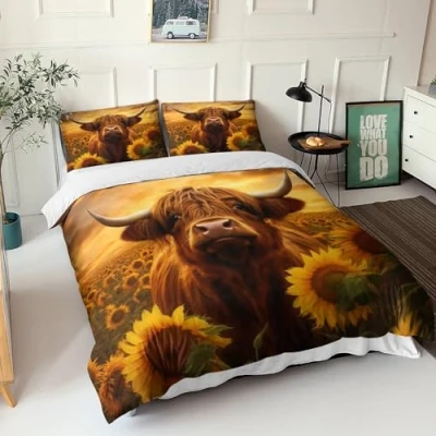 Image of Highland Cow 3D Print Duvet Cover Bedding, for Kids Teens Adults Colourful Animals Comforter 3 Piece Quilt Matching Pillowcase with Zipper Closure Soft Microfiber Double（200x200cm）